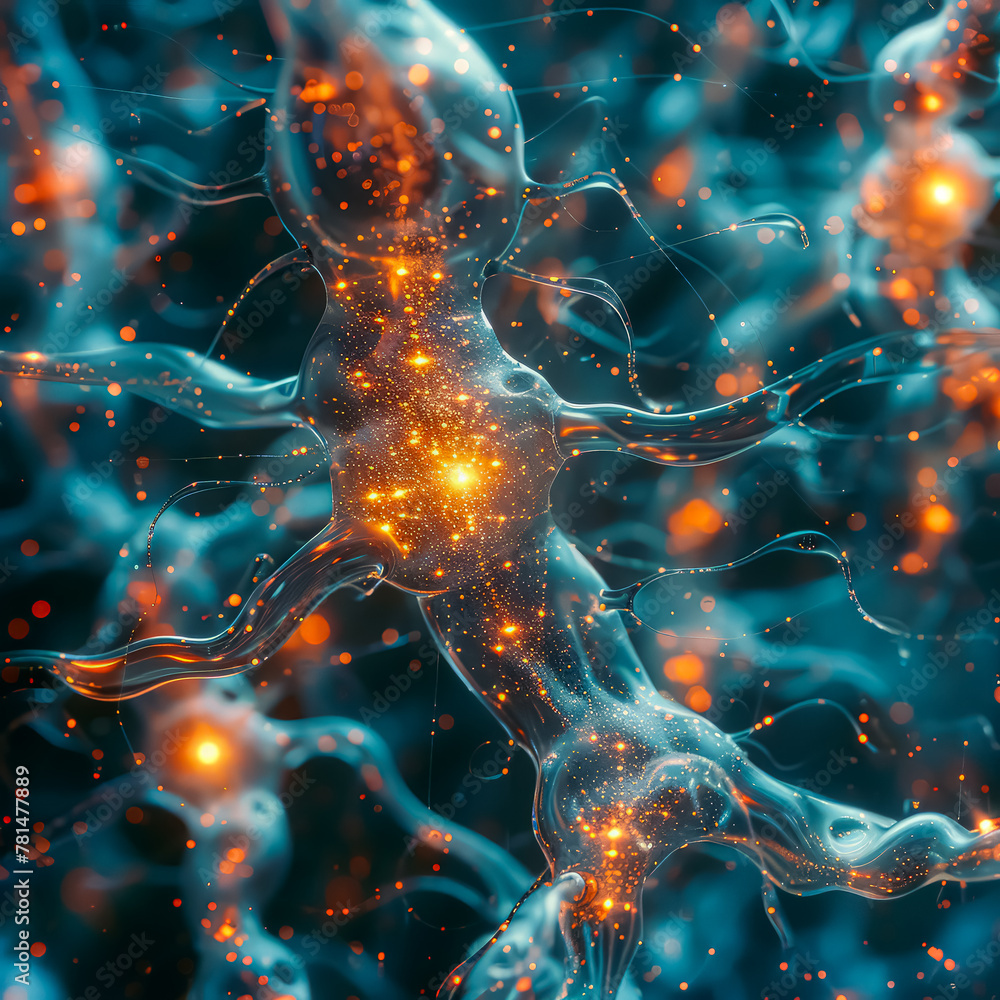 Poster a close up of a brain with a blue and orange color scheme. the image is abstract and surreal, with a