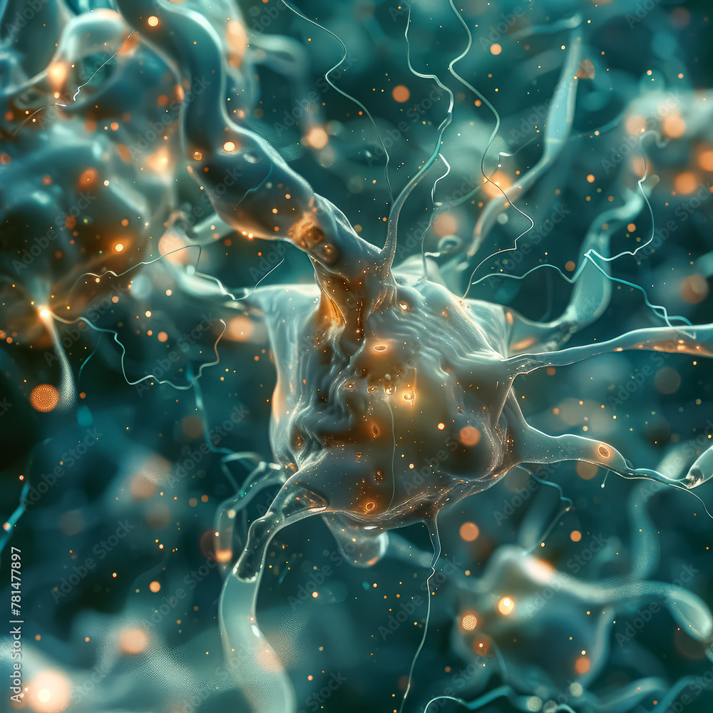 Poster a close up of a brain with a blue and orange color scheme. the image is abstract and surreal, with a