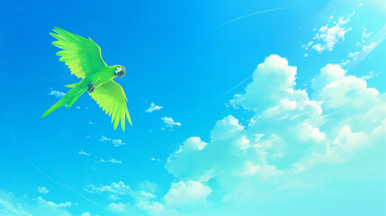 Papagaio verde voando no céu azul - Ilustração