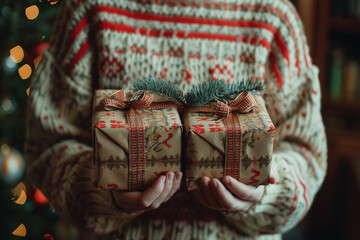 Fototapeta na wymiar Festive Holiday Sweater and Wrapped Christmas Gift in Hands