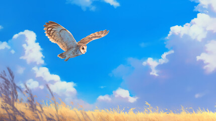 Fototapeta na wymiar Coruja voando no céu azul - Ilustração