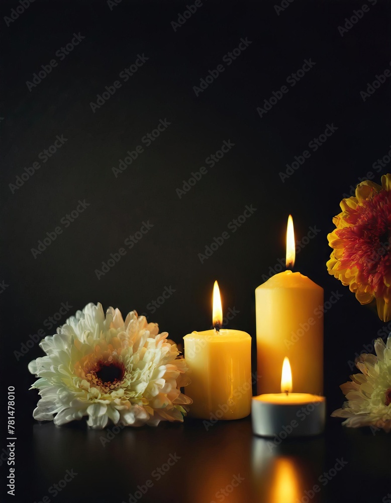 Wall mural burning candles and flowers on black background with space for text an obituary, list of dead. funer