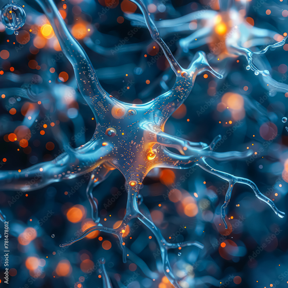 Poster a close up of a brain with a blue and orange color scheme. the image is abstract and surreal, with a