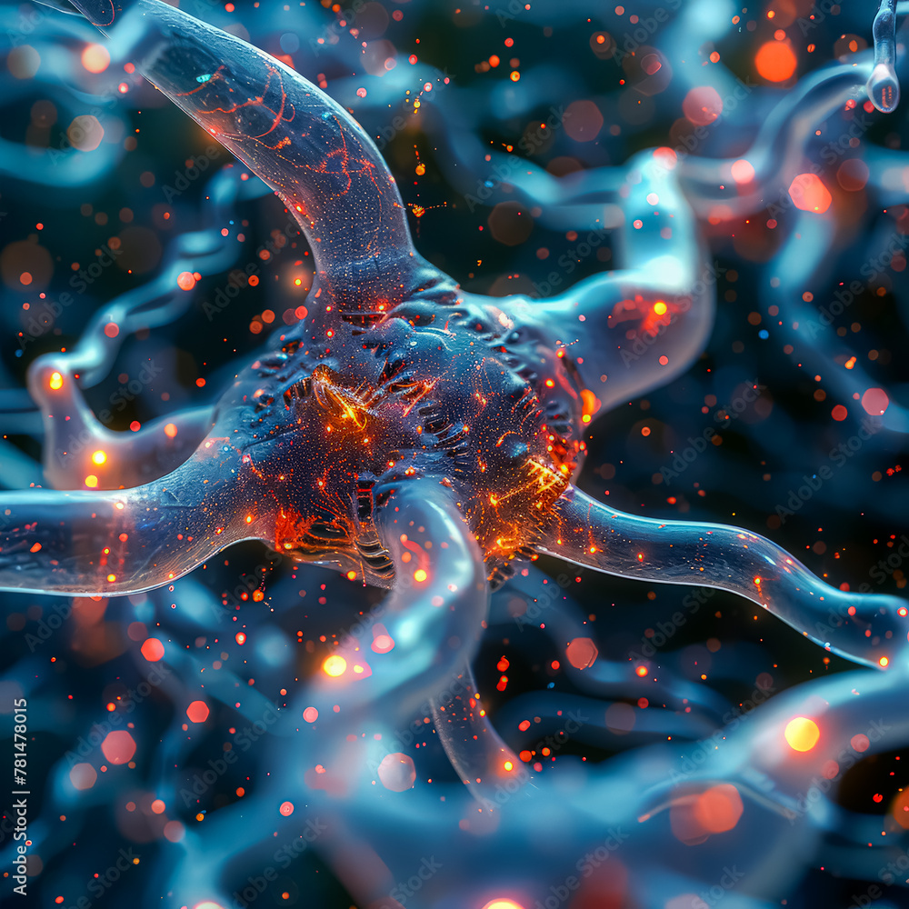 Poster a close up of a brain with a blue and orange color scheme. the image is abstract and surreal, with a