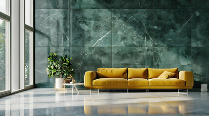 Modern living room with minimalist interior design. Yellow couch against wall with green marble panelling