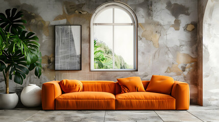 Modern living room with minimalist interior design. Bright orange sofa with poster on stucco wall and window on stone floor