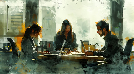 Collègues travaillant dans ensemble dans un bureau, consultant en réunion de travail, illustration à l'aquarelle de la vie d'entreprises