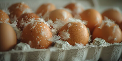 Rustic Brown Eggs and Feathers in Carton Close-Up Photography