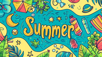 Pop colors Summer banner in doodle style design - 781478423