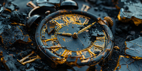 Fototapeta na wymiar Burnt Vintage Watch on Charred Surface - Concept of Lost Time