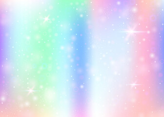 Hologram background with rainbow mesh. Mystical universe banner in princess colors. Fantasy gradient backdrop. Hologram unicorn background with fairy sparkles, stars and blurs.