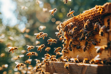 Bustling Beehive Activity: Honeybees at Work in Golden Light