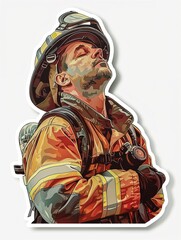 A sleepy firefighter, illustrated as a sticker with a solid color background, symbolizing rest after bravery, in a minimalistic style, 