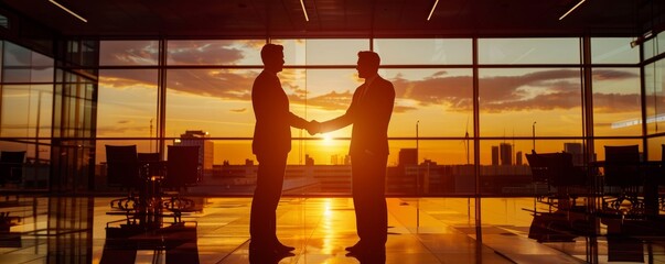 Successful business handshake against sunset - obrazy, fototapety, plakaty