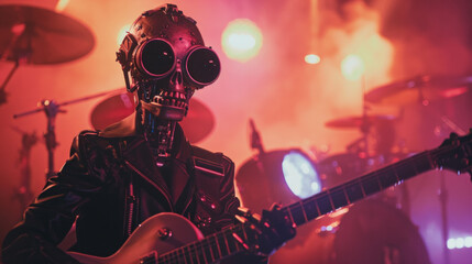 A man in a skeleton costume is playing a guitar on stage - obrazy, fototapety, plakaty