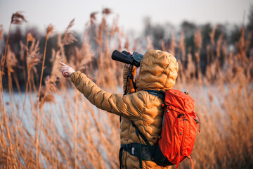 Woman naturalist with binoculars is looking for animals and birds at lake. Bird watching and wildlife observation. Eco tourism