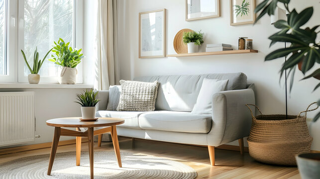 Near the window, next to the white wall with frame, are a round wooden table and a grey sofa. Modern living room interior design in a Scandinavian home