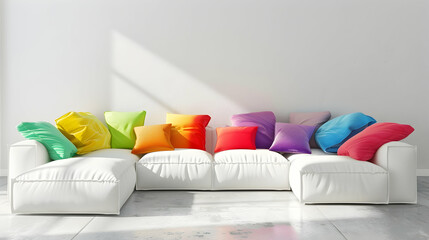 Pillows in various colours arranged on a white corner sofa. Modern living room interior design in...