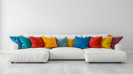 Pillows in various colours arranged on a white corner sofa. Modern living room interior design in...