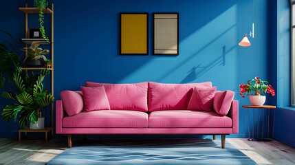 Pink sofa with shelf against blue wall. Vibrant and colourful pop art in a mid-century modern...