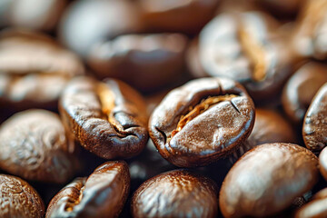 Close-Up of Aromatic Roasted Coffee Beans with Selective Focus