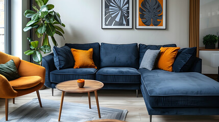 Modern blue velvet corner sofa with orange pillows and a orange armchair
