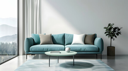 Sofa with light blue fabric and coffee table on white wall background, minimalist interior design of modern living room at home or hotel
