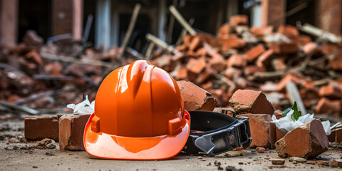 Hard Hat and Safety Belt on a Construction Site with Debris