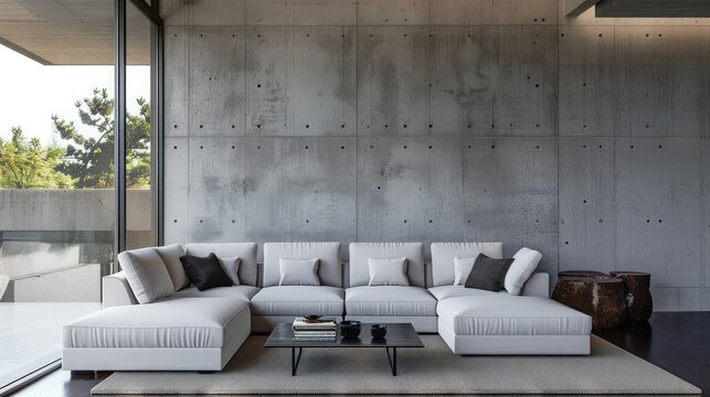 White couch over concrete wall living room Elegant home,Fragment of a modern minimalist monochrome living room. Empty walls, comfortable corner sofa