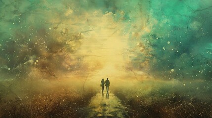 Obraz na płótnie Canvas Two silhouetted figures walking hand in hand towards a glowing light, against a surreal, dreamlike landscape with an abstract sky colored in green and golden hues