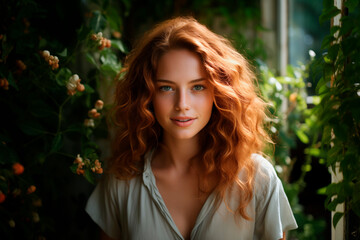 Fototapeta premium A woman with red hair is smiling at the camera. She is wearing a white shirt and is standing in front of a plant