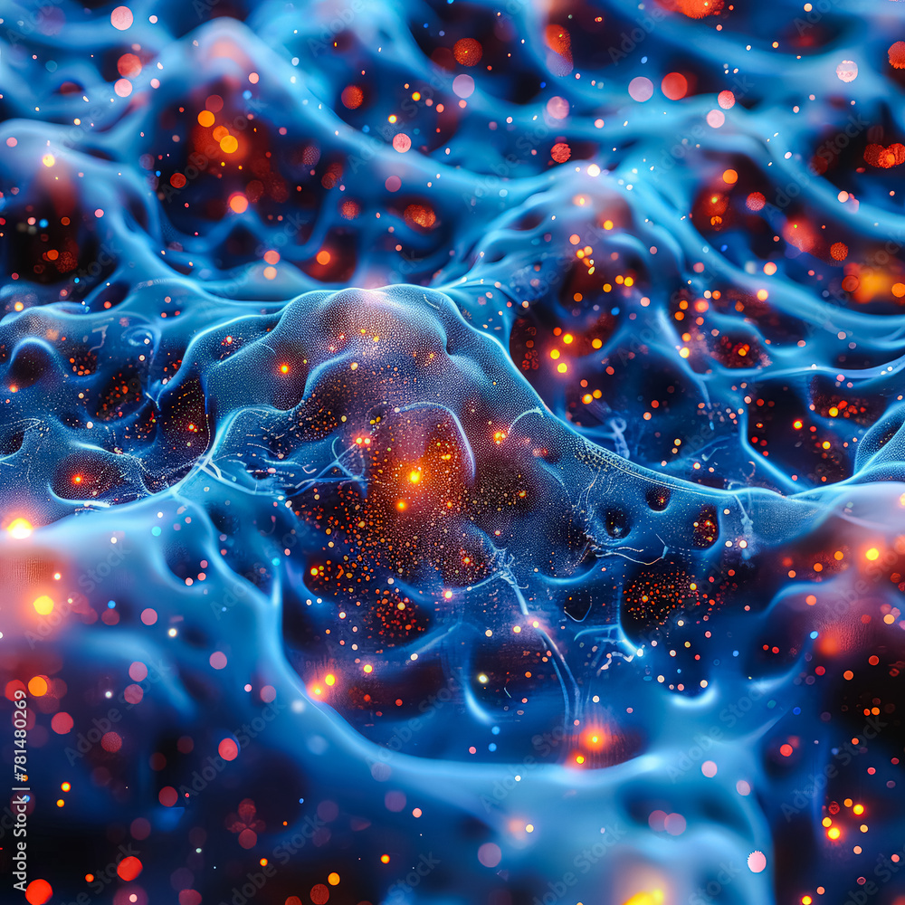 Poster the image is a representation of a nerve cell, with the cell's structure and the glowing effect givi