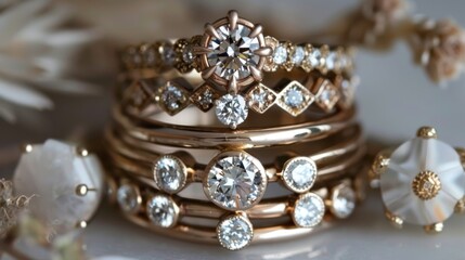 Obraz premium Elegant Stack of Diamond Rings on Shimmering Background