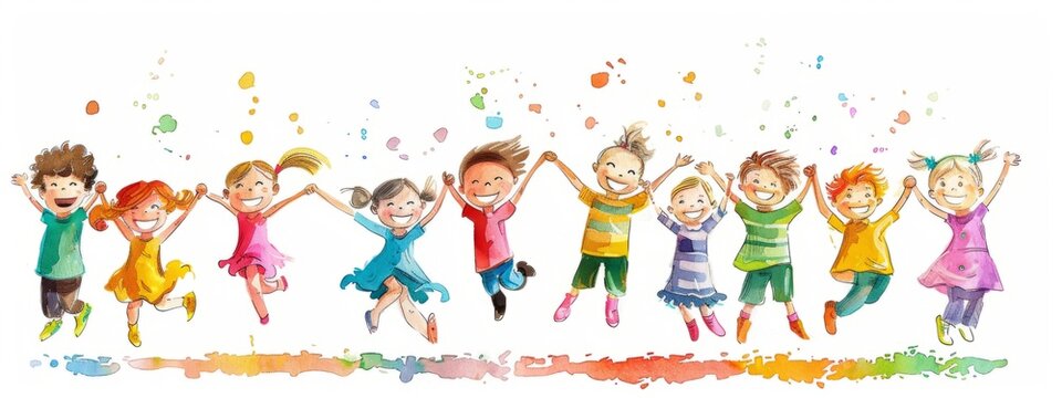 Cute cartoon children's drawing of many happy kids holding hands and jumping, white background, colorful , simple hand drawn style Generative AI