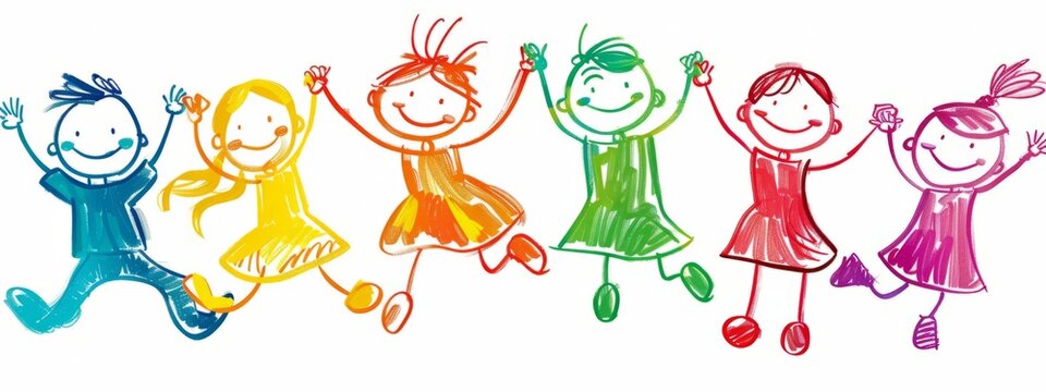 colorful cartoon drawing of happy children holding hands and jumping in the style of clip art white background Generative AI