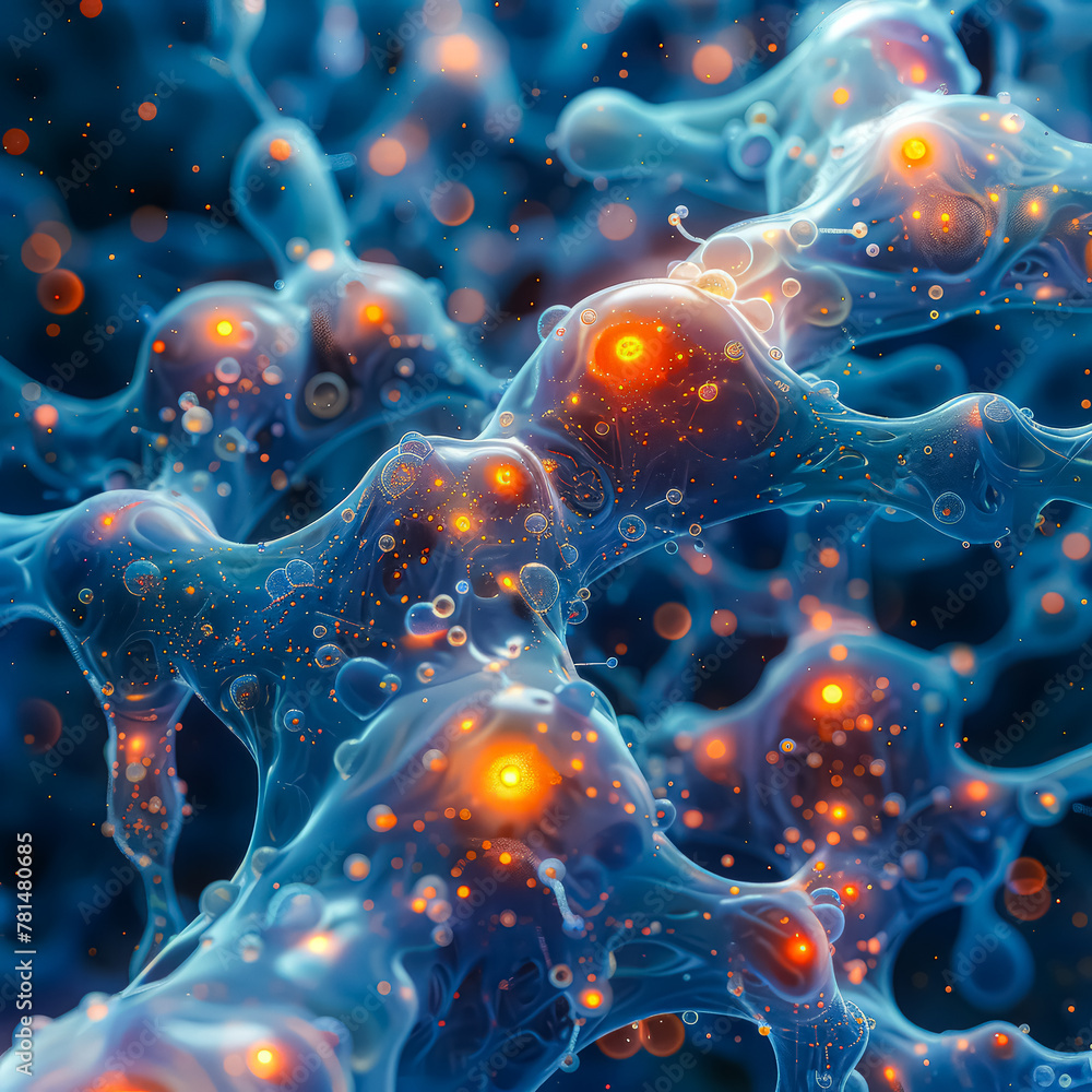 Poster the image is a representation of a nerve cell, with the cell's structure and the glowing effect givi