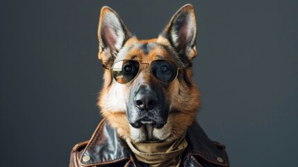 Cool dog in leather jacket and sunglasses