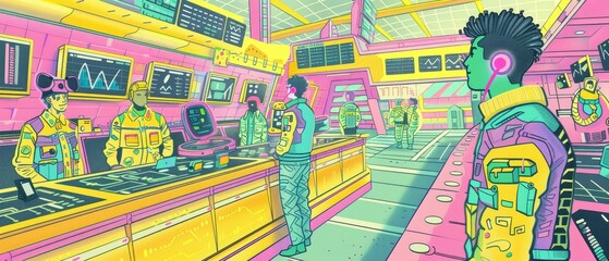 A futuristic stock trading floor, with traders interfacing with random, AIgenerated predictions - obrazy, fototapety, plakaty