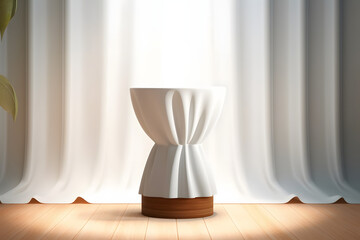 Glossy modern design white round podium over a white curtain