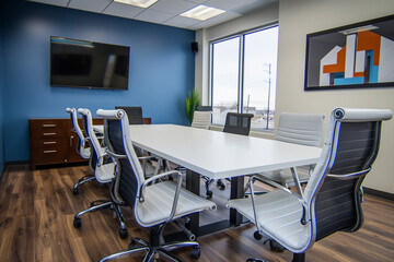 Modern eco-friendly conference room large TV screen. Bright space, office concept.