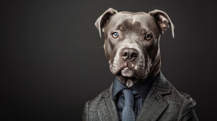 Charming portrait of a dog wearing a suit and tie against a dark background - obrazy, fototapety, plakaty