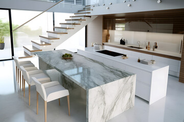 interiors shots of a modern kitchen in the foreground dining table and the forehrounf the masonry staircase.
