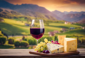 Glass of red wine with assorted cheeses and grapes on a wooden board with a scenic vineyard at...