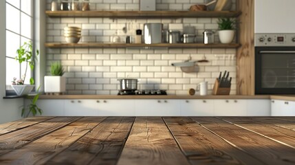 Wooden table in modern kitchen interior. Furniture and utensils,Empty  Beautiful wood table top and blur bokeh modern kitchen interior background in clean and bright, Ready for product montage.