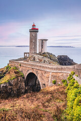 The lighthouse of Petit Minou, located on the coast of the Iroise Sea, is a maritime icon and a historical monument of Brittany. In Plouzane, Brittany, France