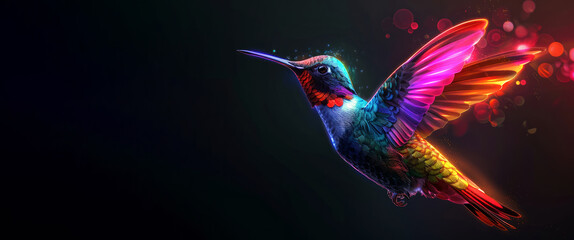 A colorful hummingbird is flying in the air. The image is a digital art piece with a black...