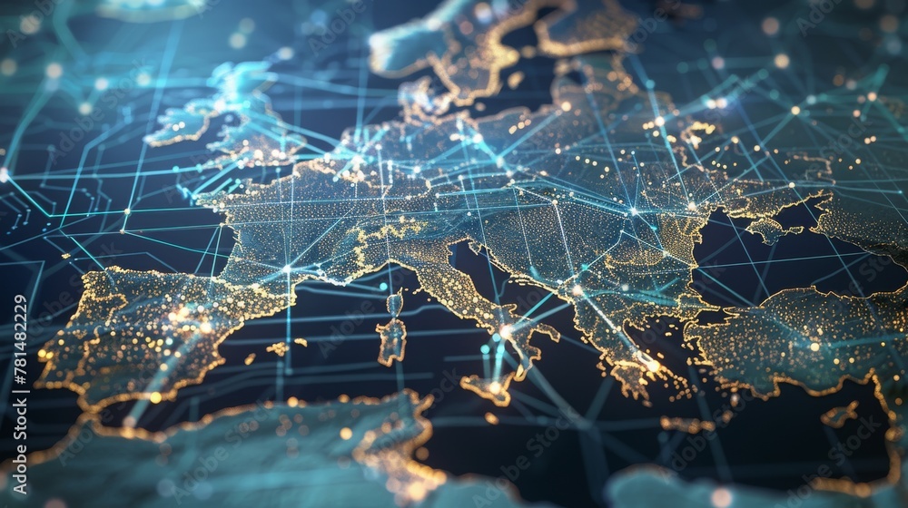 Poster digital illustration of a high-tech world map network symbolizing global connectivity and data excha