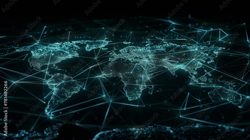Poster Abstract image of a world map with glowing connections, symbolizing global network