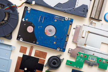 Close-up of the components of an old laptop computer - 781482267