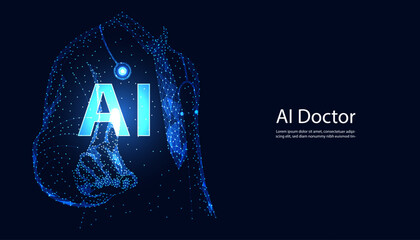 blue doctor wireframe  ai medical line medical treatment illustration Use AI to help treat concept and modern on health background health insurance 
